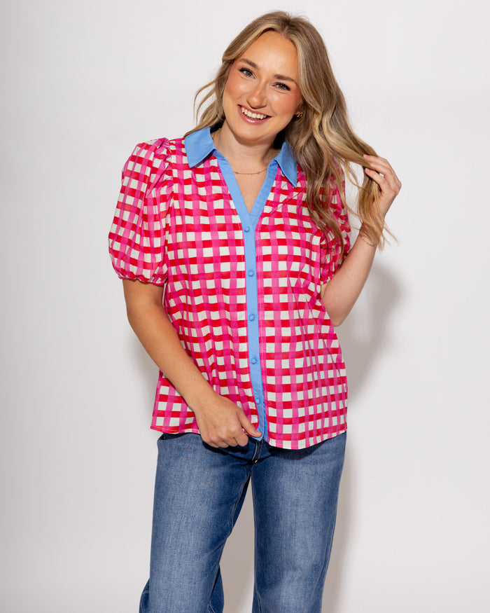 Colorblock Collar Check Top