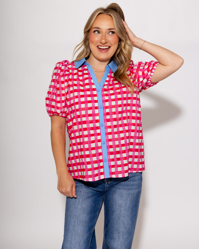 Colorblock Collar Check Top