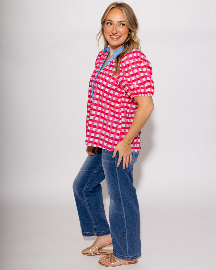 Colorblock Collar Check Top