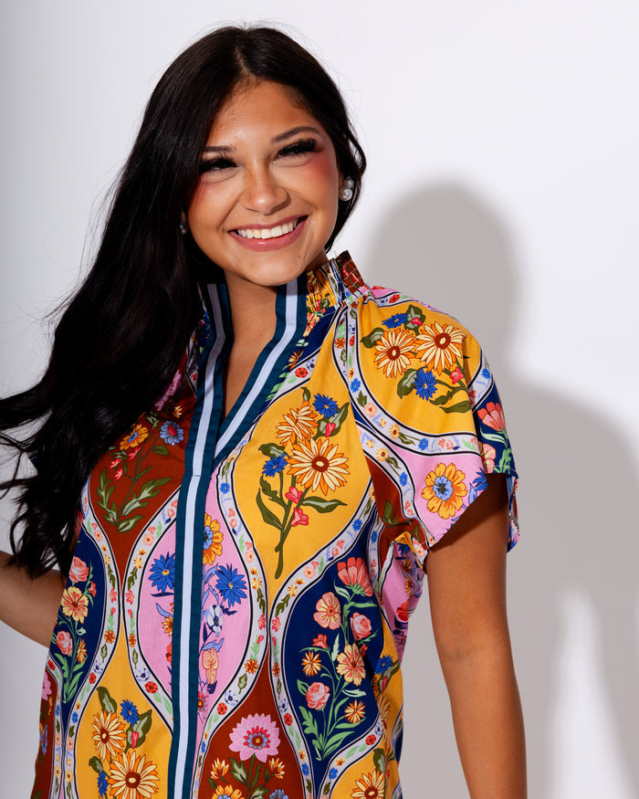 Colorblock Floral Split Neck Top