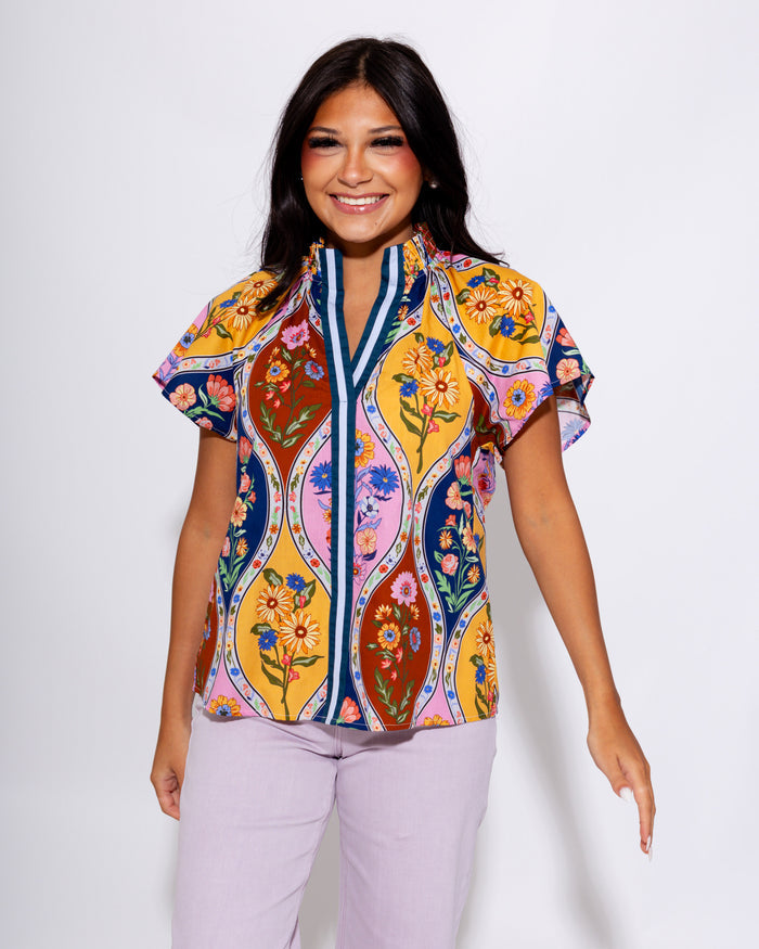 Colorblock Floral Split Neck Top