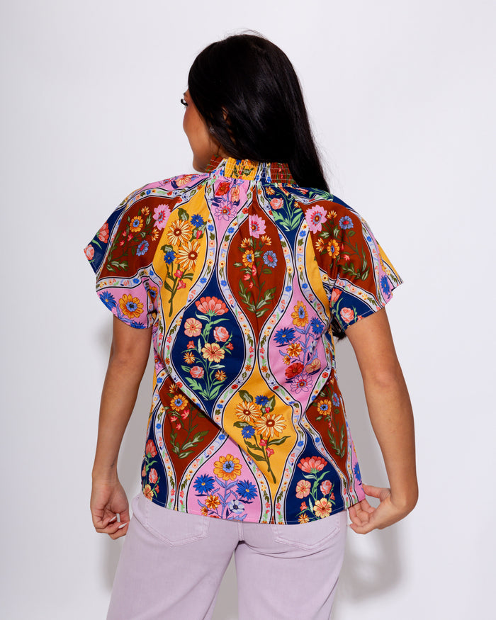 Colorblock Floral Split Neck Top