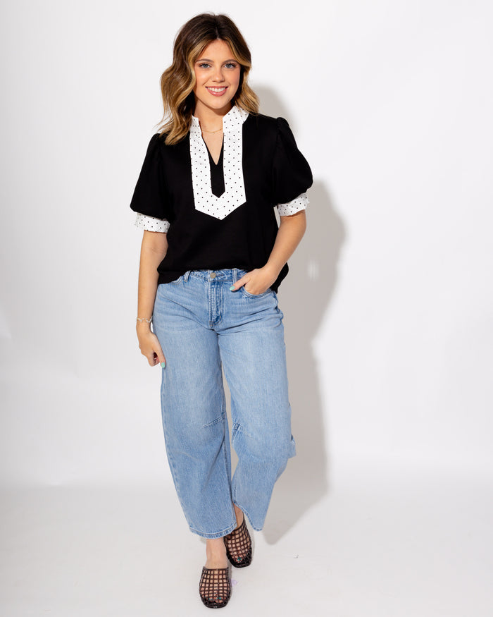 Contrast Dot Puff Sleeve Top