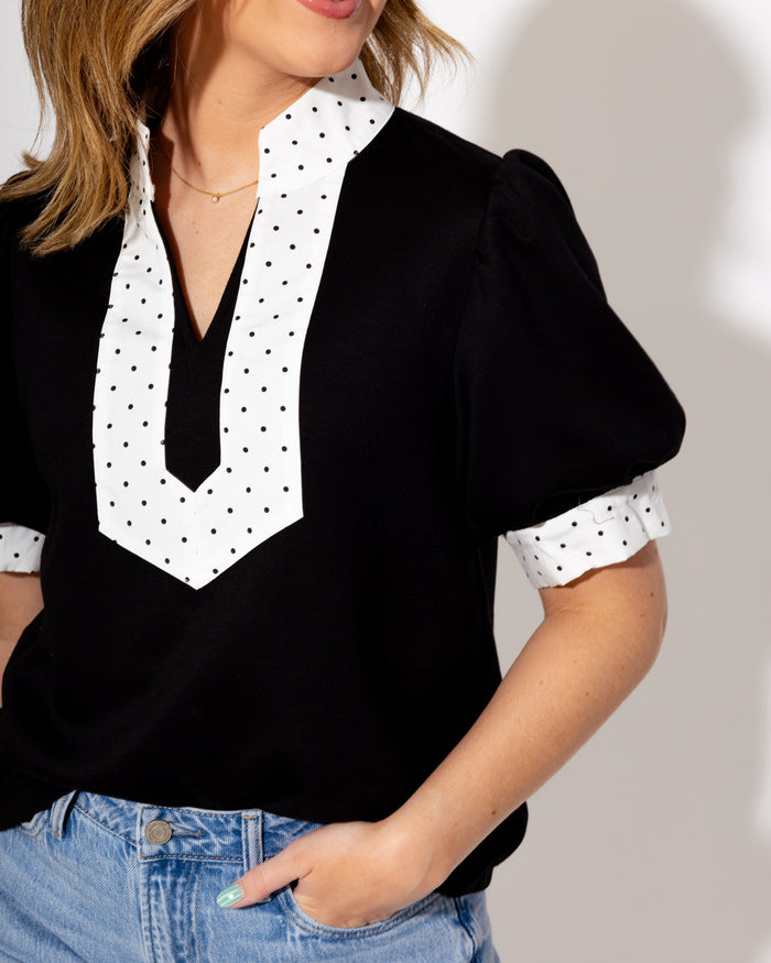 Contrast Dot Puff Sleeve Top