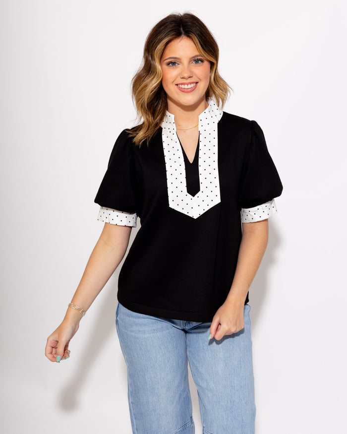 Contrast Dot Puff Sleeve Top