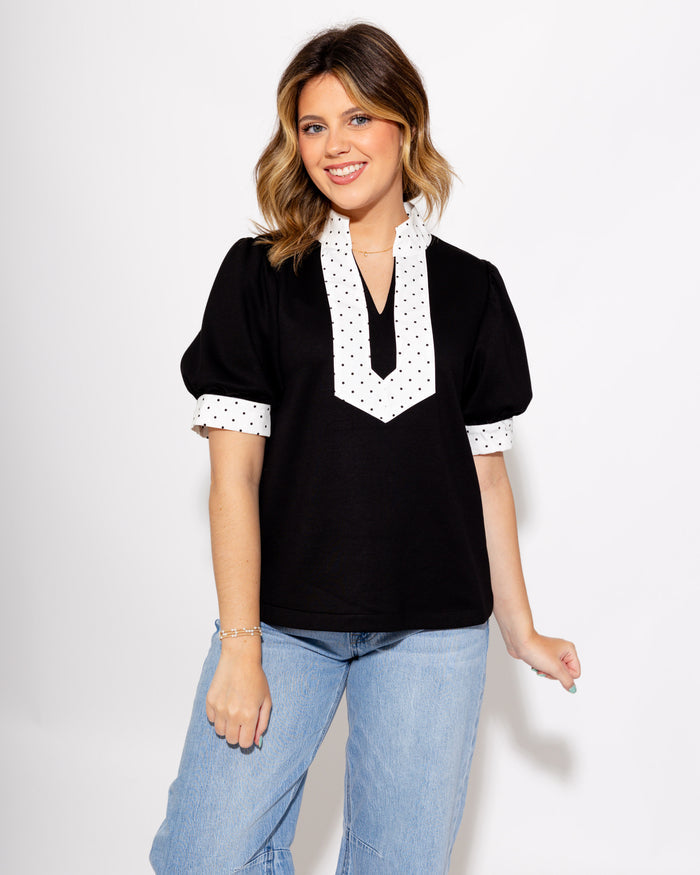 Contrast Dot Puff Sleeve Top