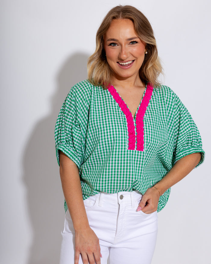 Green gingham puff sleeve top with contrast scallop V-neck trim, lightweight cotton boutique blouse at Gaudie & Co