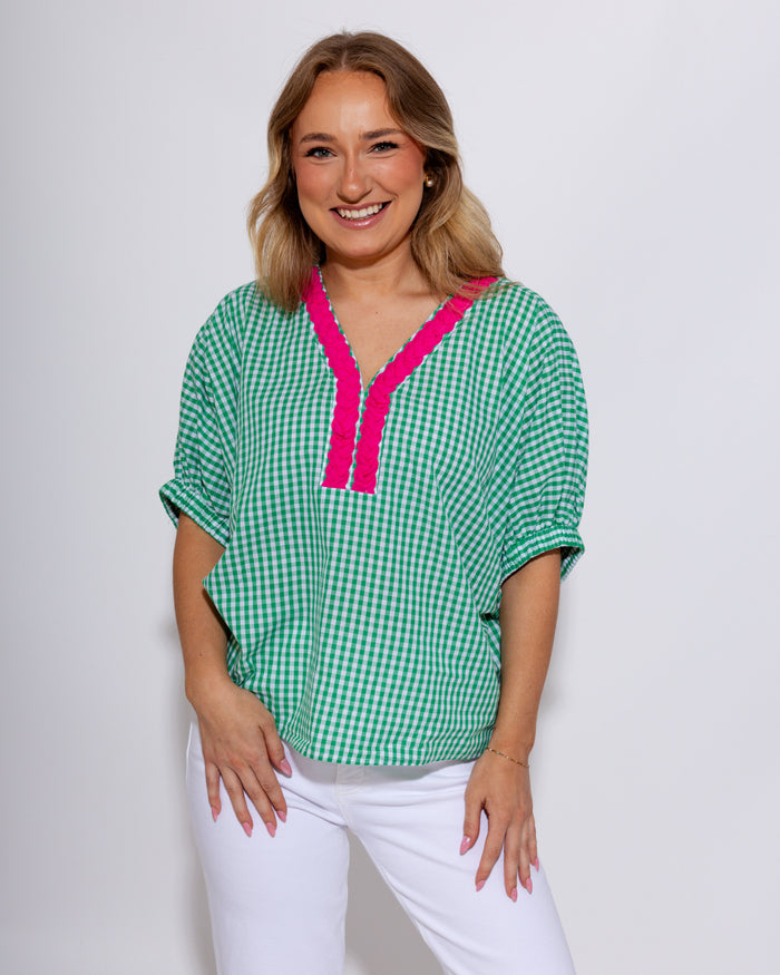 Contrast Scallop Gingham Top in Green