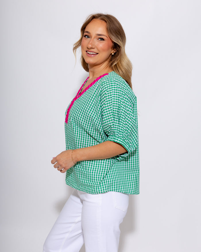 Contrast Scallop Gingham Top in Green