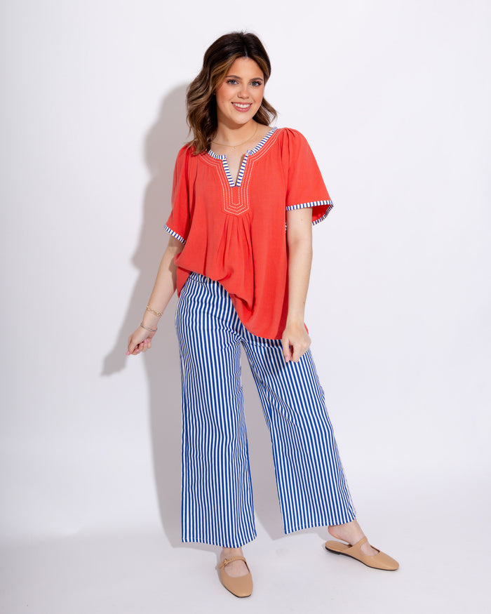 Contrast Trim Flutter Sleeve Babydoll Top