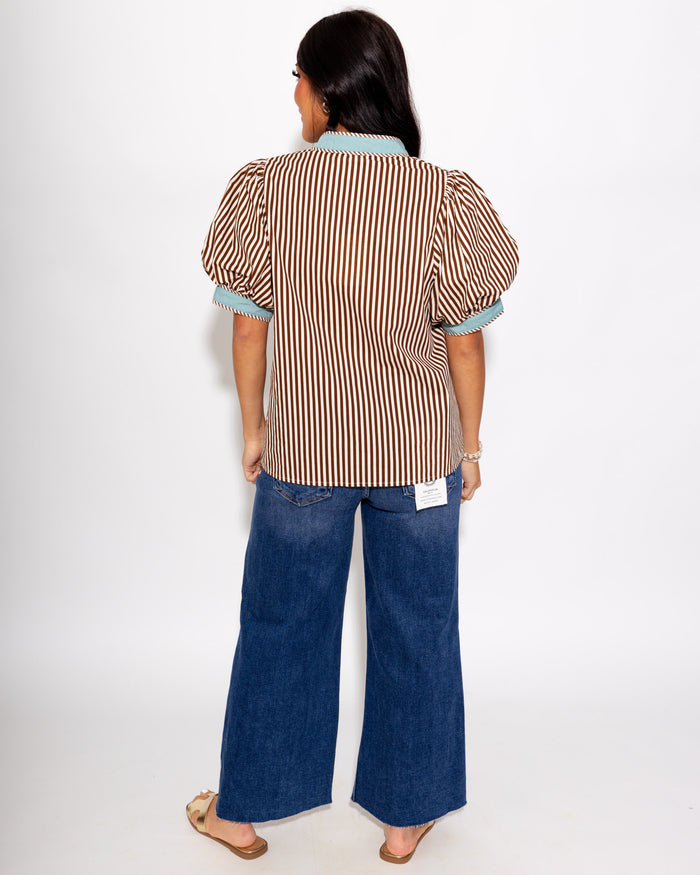 Contrast Trim Stripe V-Neck Top in Brown