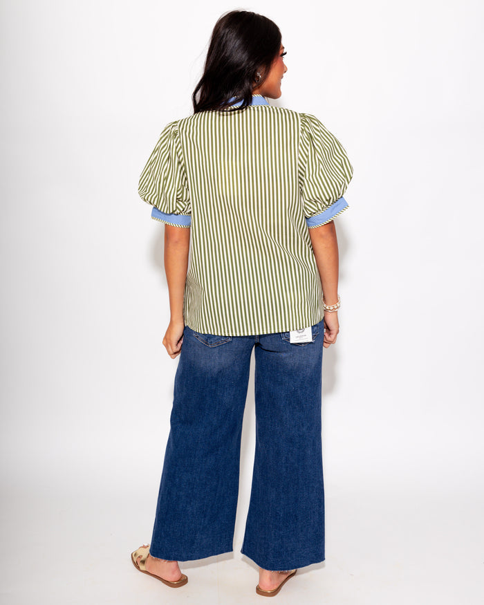 Contrast Trim Stripe V-Neck Top in Olive