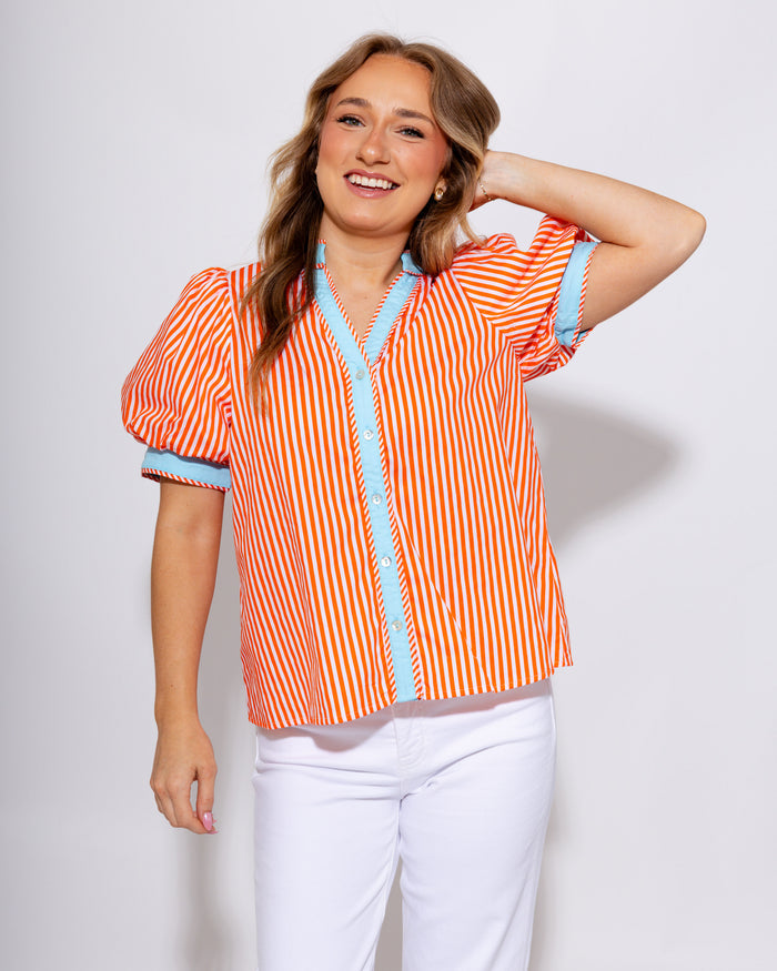 Contrast Trim Stripe V-Neck Top in Orange