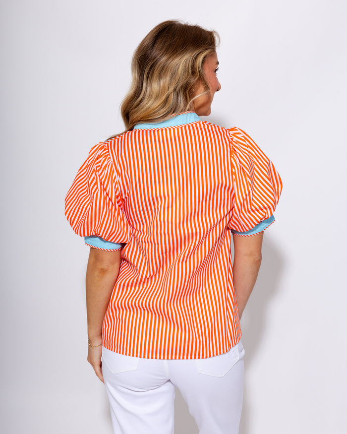 Contrast Trim Stripe V-Neck Top in Orange