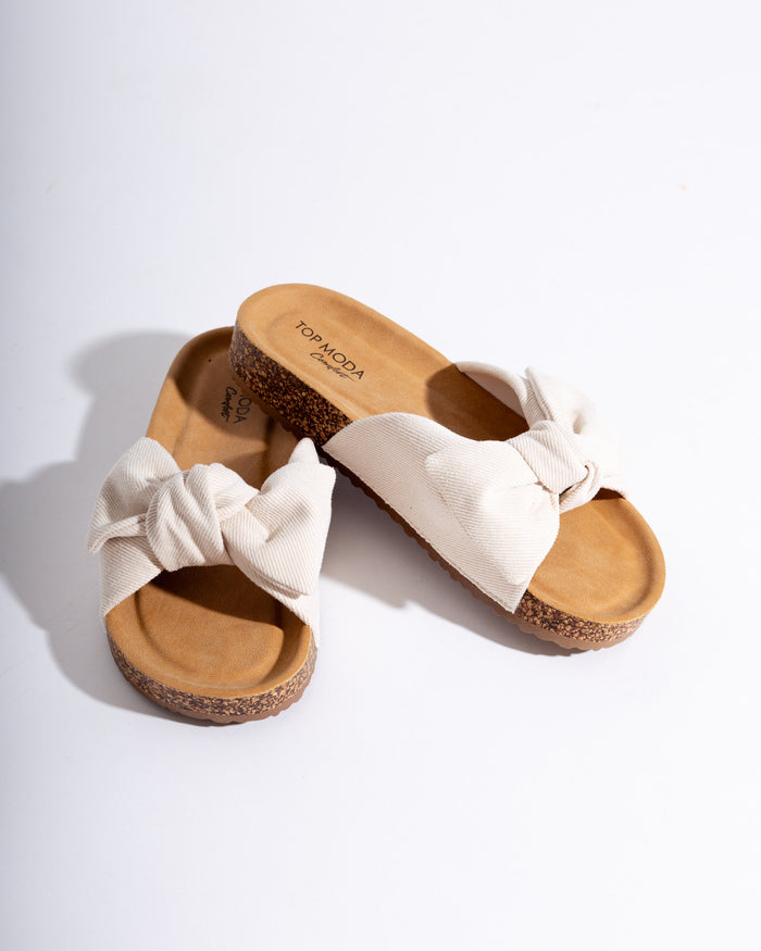 Cory Ivory Denim Knotted Bow Slide Sandal - Top Moda Comfort - Gaudie & Co. Texas Boutique