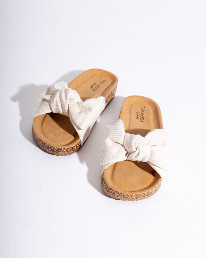 Cory Ivory Denim Knotted Bow Slide Sandal - Top Moda Comfort - Gaudie & Co. Texas Boutique