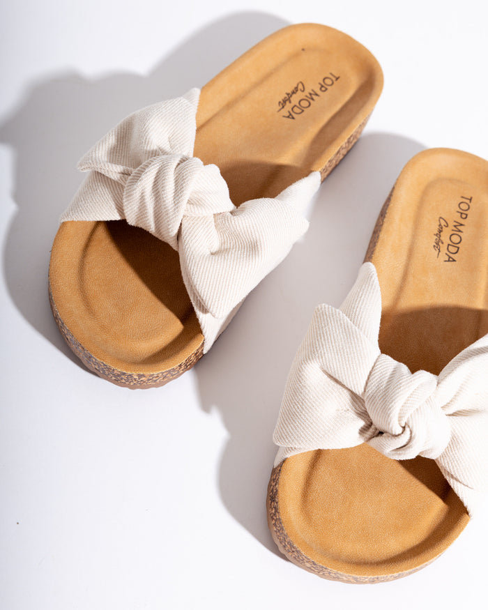 Cory Ivory Denim Knotted Bow Slide Sandal - Top Moda Comfort - Gaudie & Co. Texas Boutique