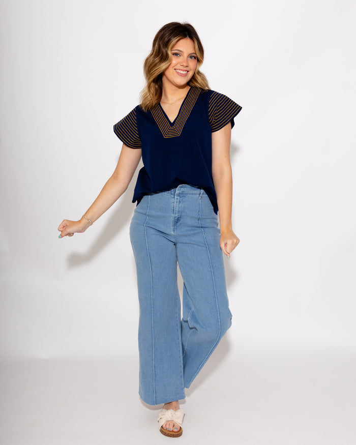 Crinkle Texture Stitch Detail Top in Navy