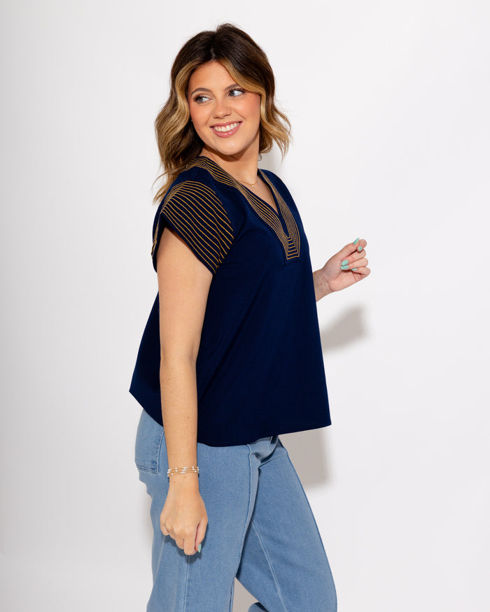 Crinkle Texture Stitch Detail Top in Navy