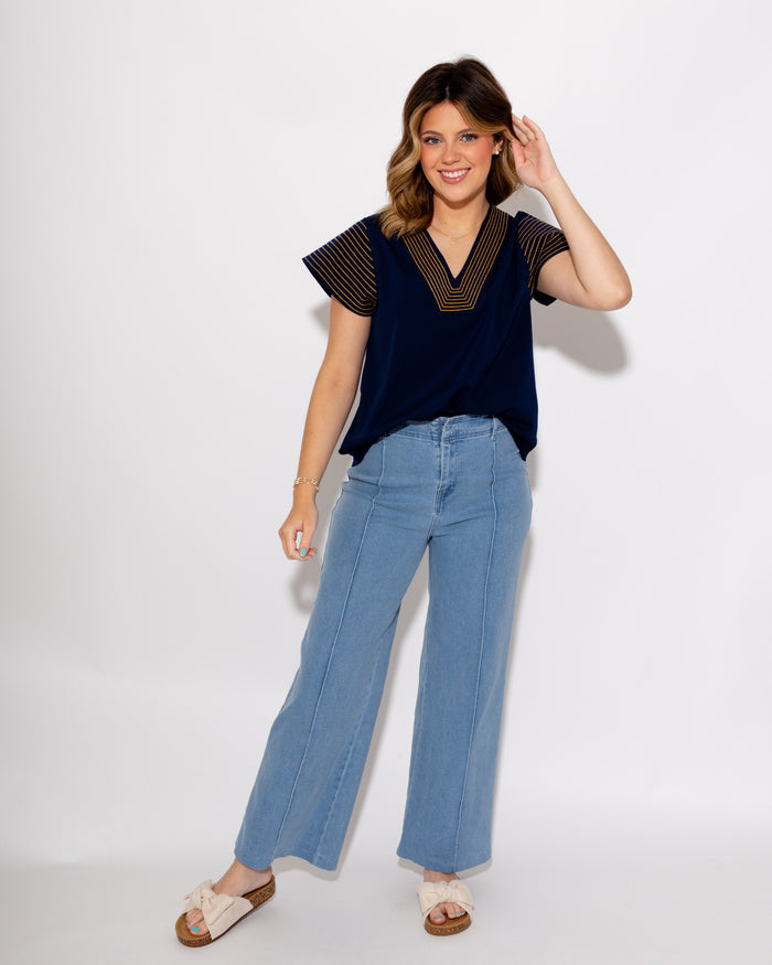 Crinkle Texture Stitch Detail Top in Navy