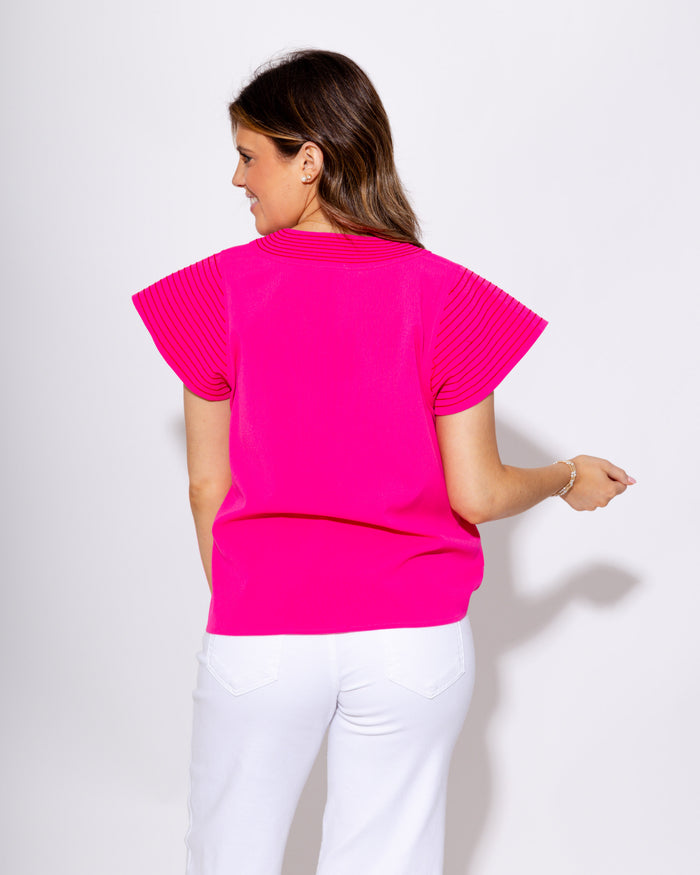 Crinkle Texture Stitch Detail Top in Pink