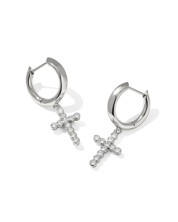 Cross Silver Crystal Huggie Earrings
