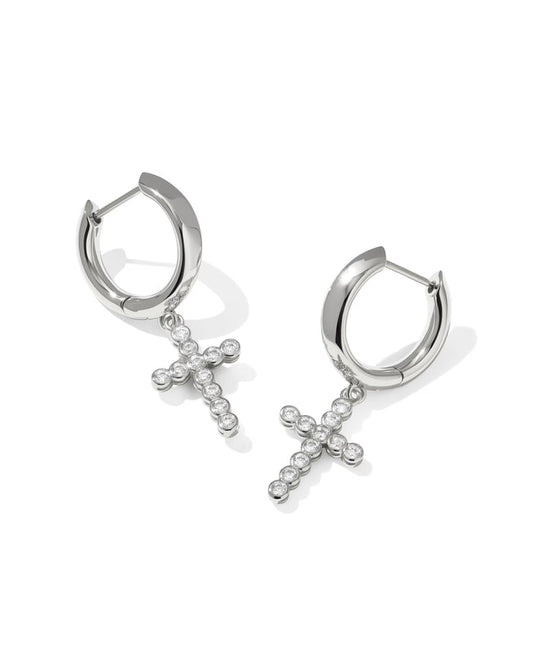Cross Silver Crystal Huggie Earrings