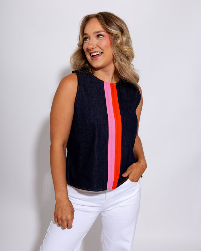 Dark Denim Contrast Stripe Top