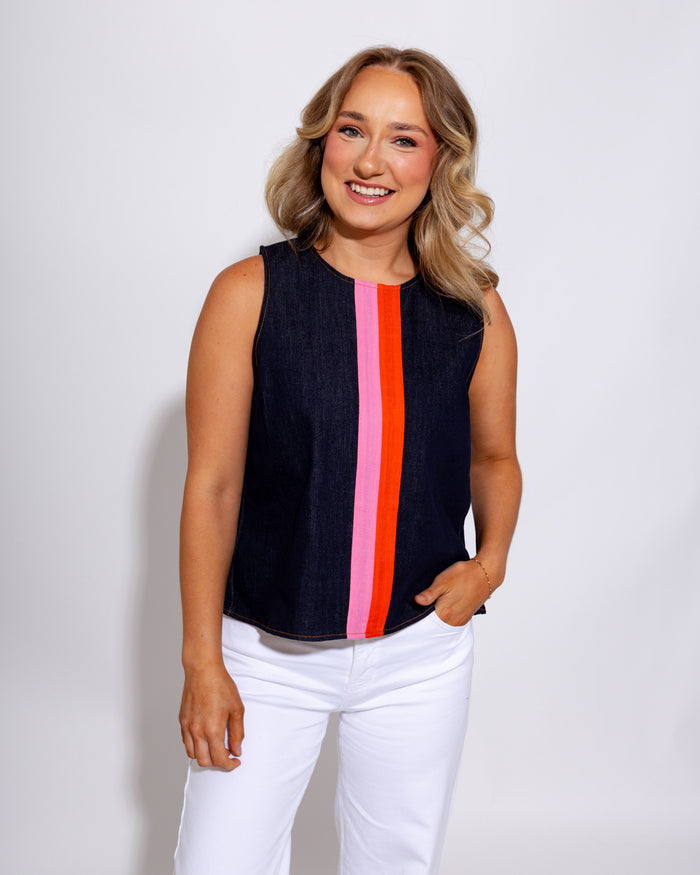 Dark Denim Contrast Stripe Top