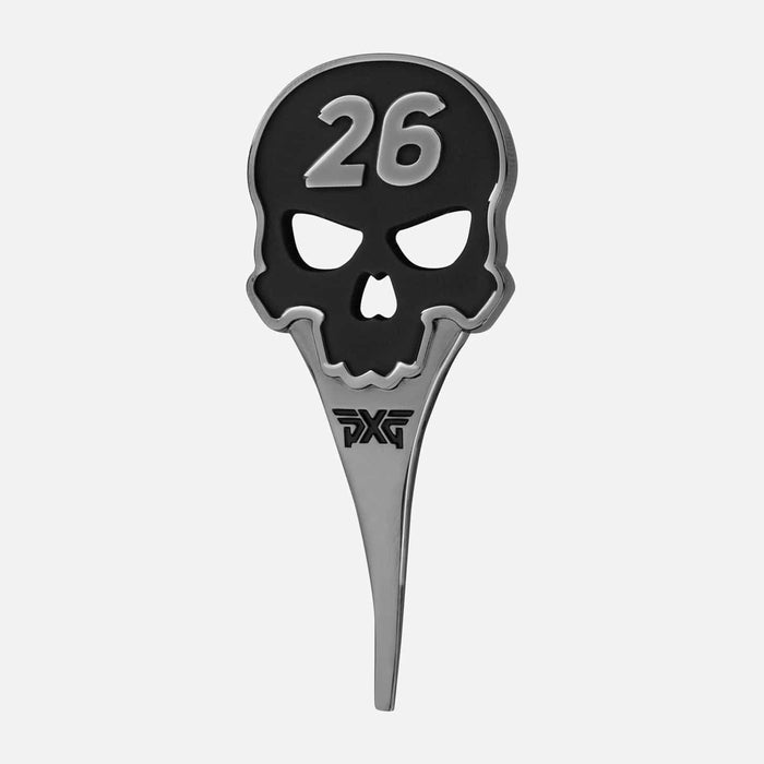 PXG chrome darkness golf divot tool with a 26 skull on top of the handle and darkness etched into the divot tool bottom on a white background