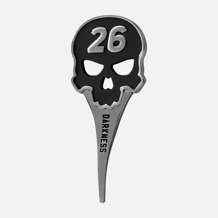 PXG chrome darkness golf divot tool with a 26 skull on top of the handle and darkness etched into the divot tool bottom on a white background