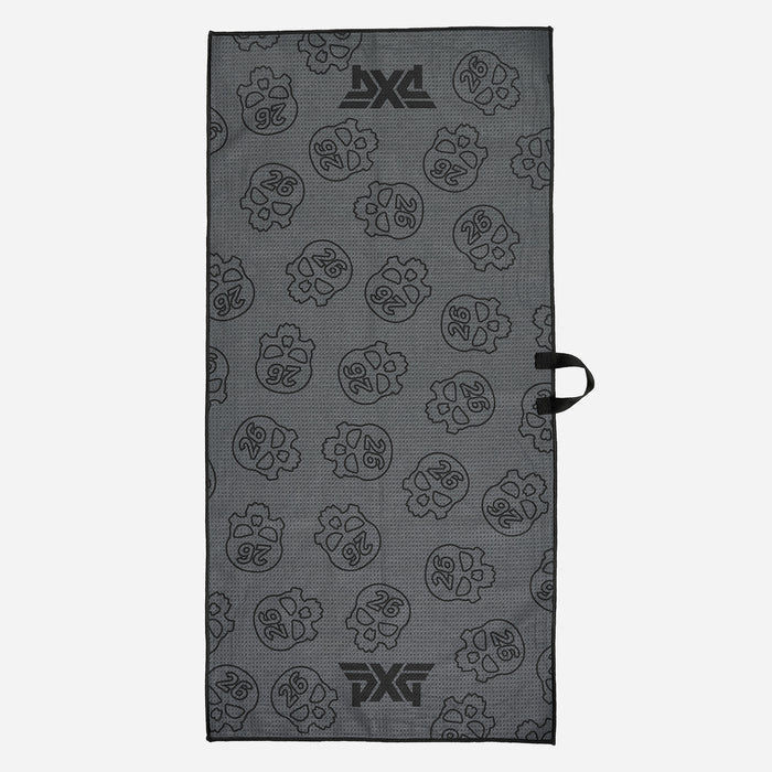 PXG dark gray darkness repeat player's golf towel with repeating skulls on a white background
