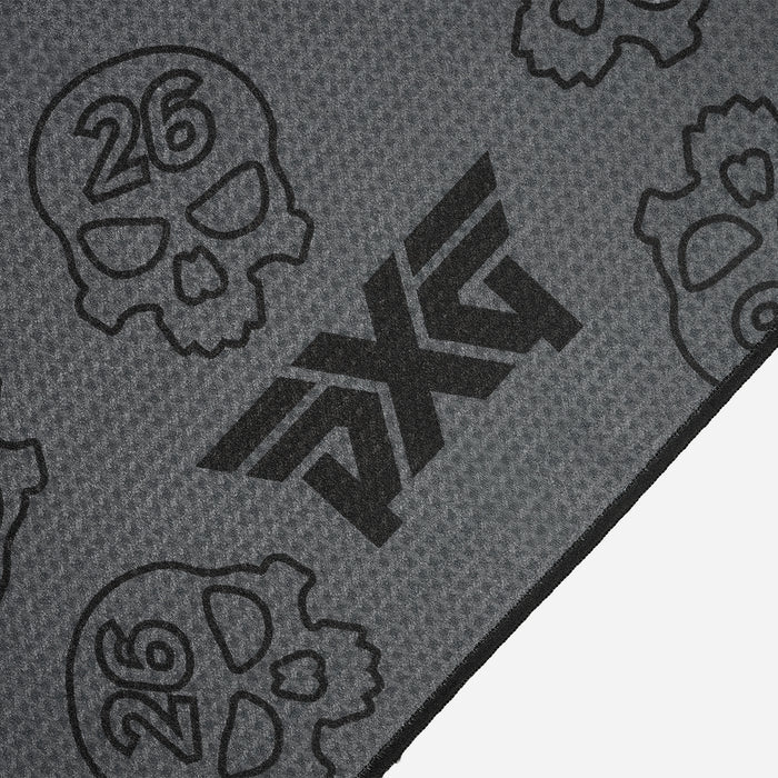 PXG dark gray darkness repeat player's golf towel with repeating skulls on a white background
