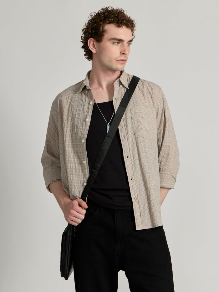 Men's Crinkled Checked Shirt in Light Beige