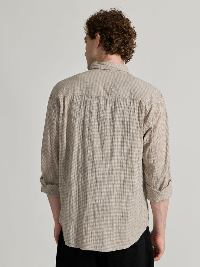 Men's Crinkled Checked Shirt in Light Beige