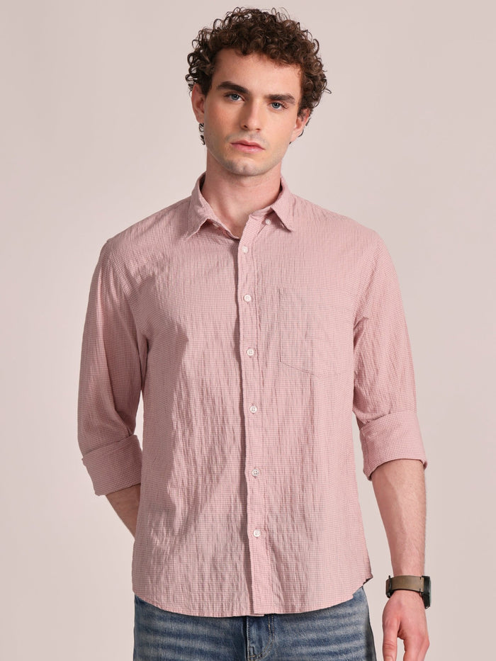 Men's Crinkled Checked Shirt in light pink