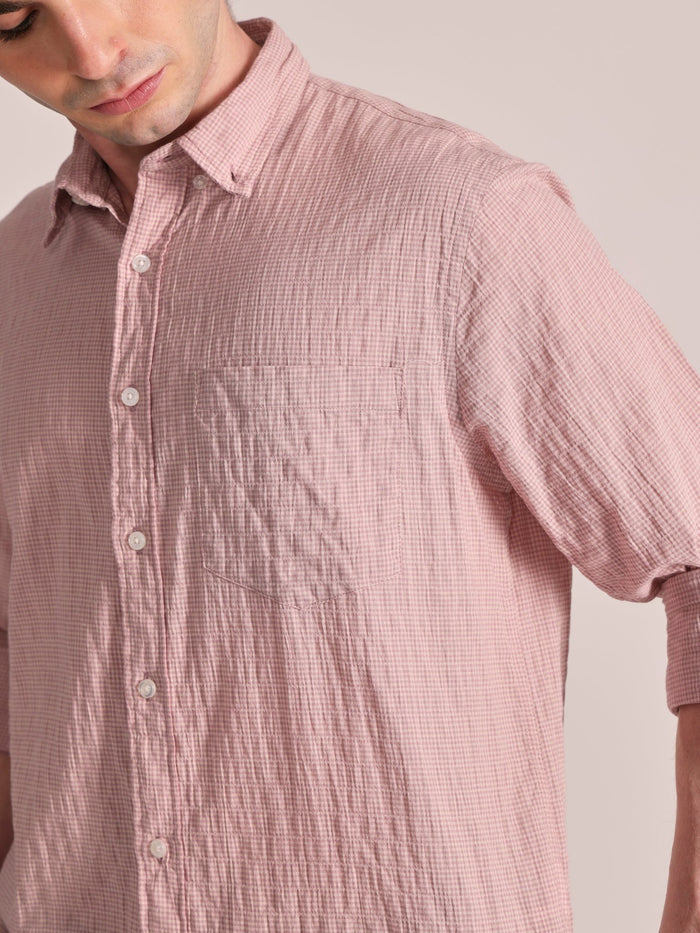 Men's Crinkled Checked Shirt in light pink