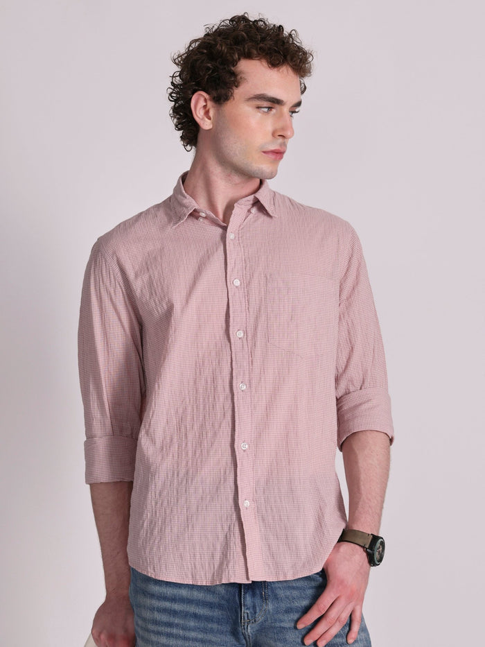 Men's Crinkled Checked Shirt in light pink