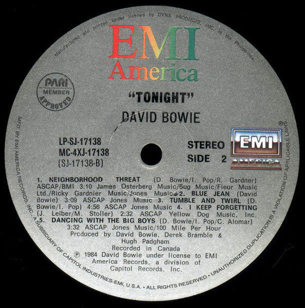David Bowie - Tonight (LP) [Philippines] 1st (Near Mint (NM or M-))