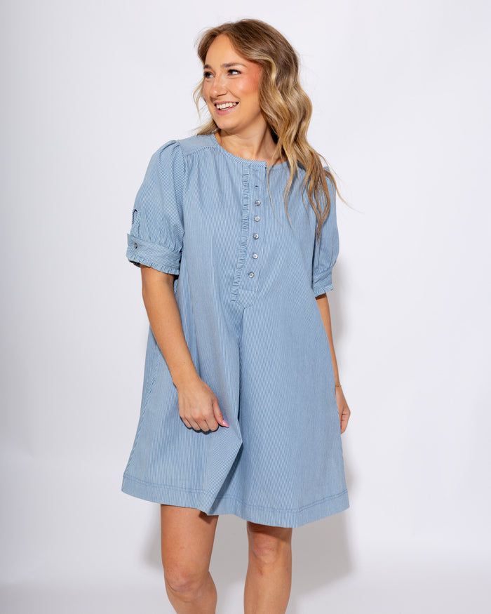 Denim Pinstripe Puff Sleeve Mini Dress - Umgee - Gaudie & Co. Nederland TX Boutique