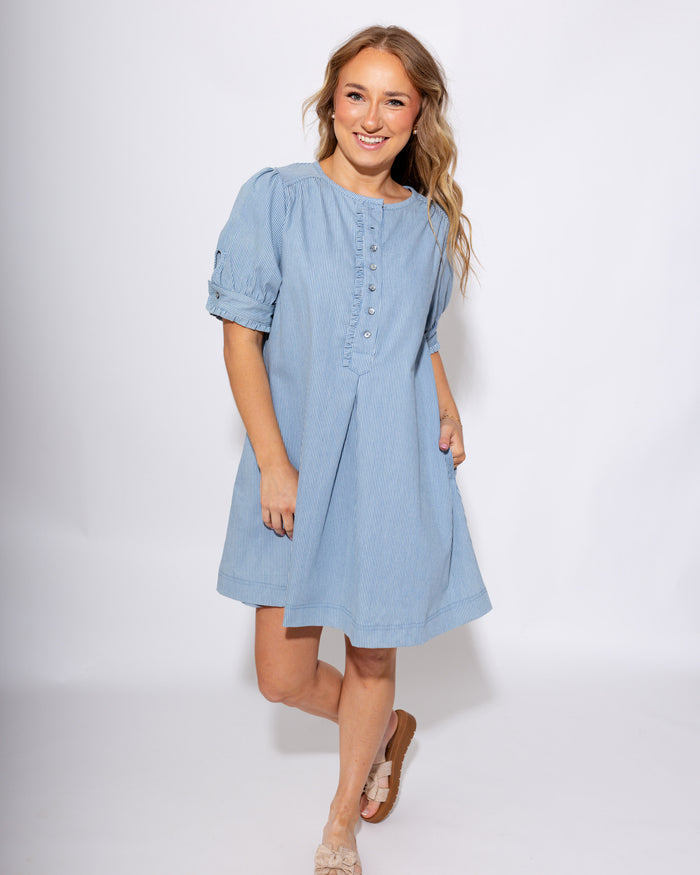 Denim Pinstripe Puff Sleeve Mini Dress - Umgee - Gaudie & Co. Nederland TX Boutique