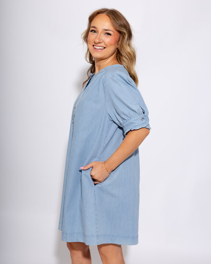 Denim Pinstripe Puff Sleeve Mini Dress - Umgee - Gaudie & Co. Nederland TX Boutique