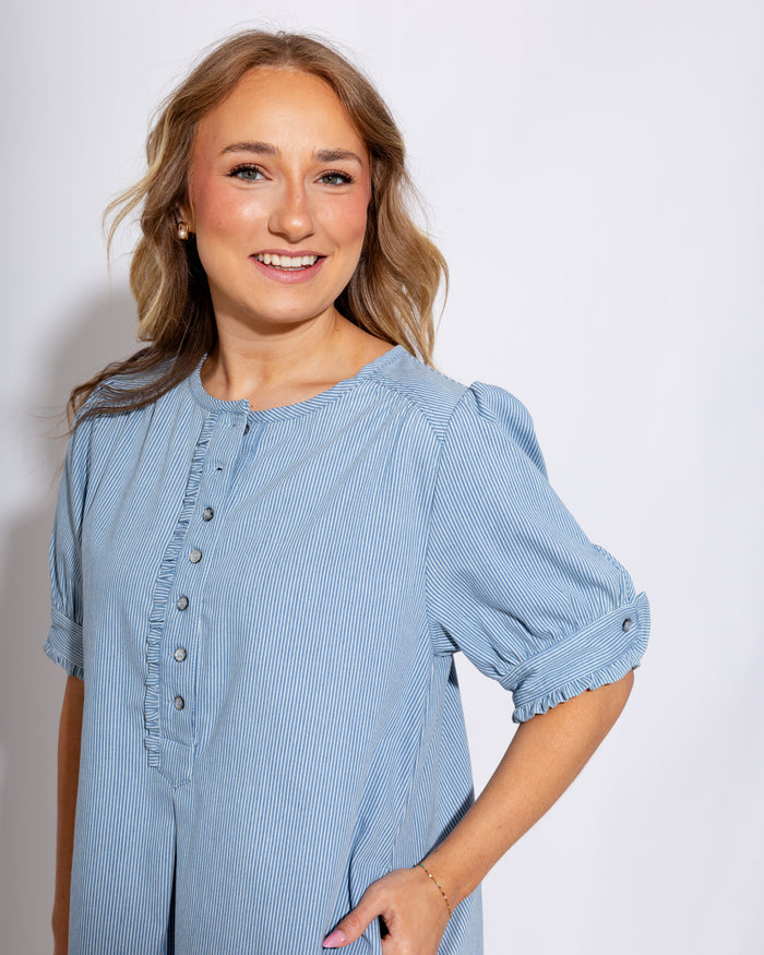 Denim Pinstripe Puff Sleeve Mini Dress - Umgee - Gaudie & Co. Nederland TX Boutique