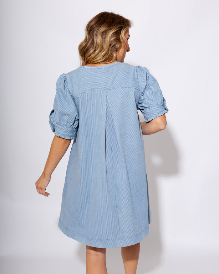 Denim Pinstripe Puff Sleeve Mini Dress - Umgee - Gaudie & Co. Nederland TX Boutique