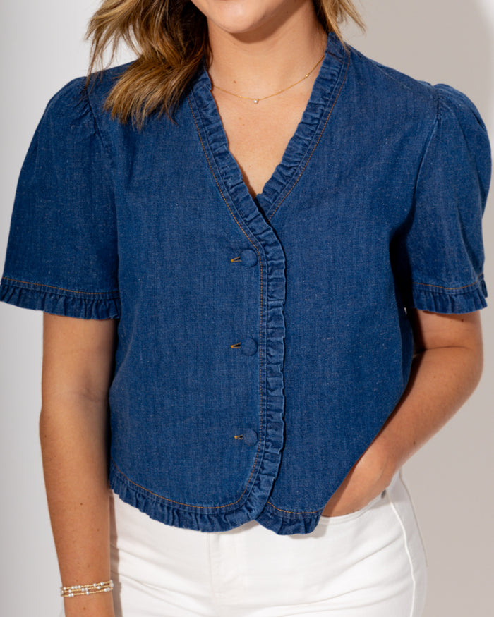 Denim Ruffle Button-Up Top