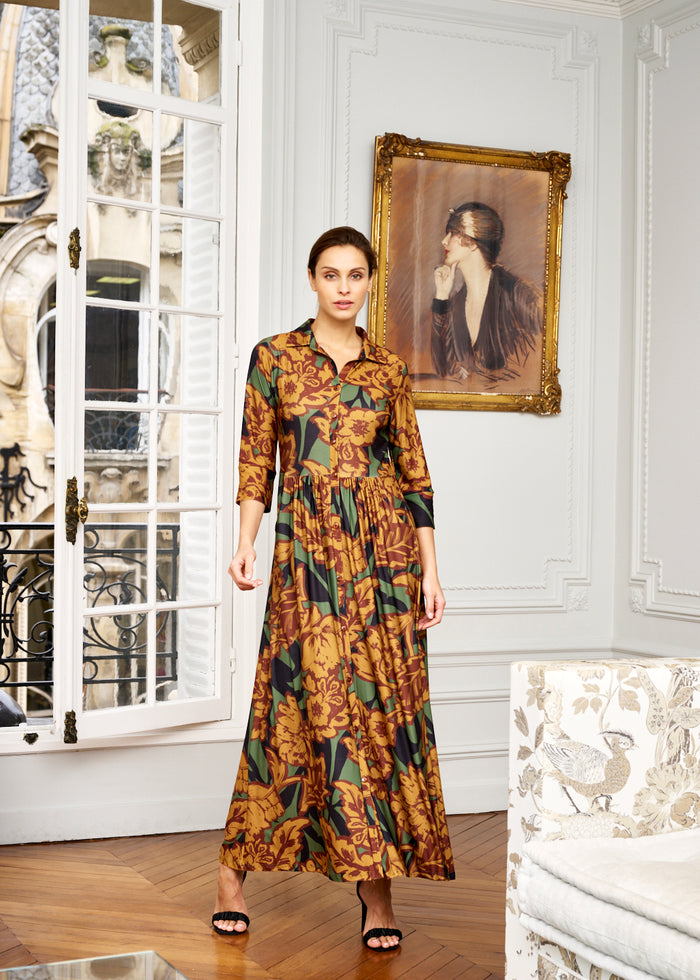 woman models V-neck wrap dress