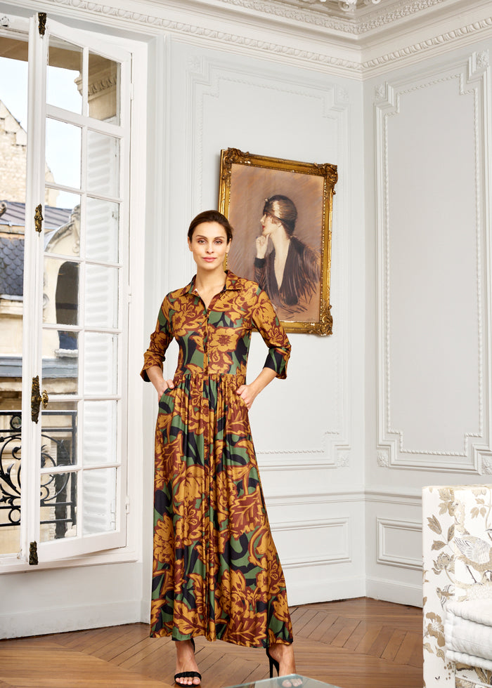 woman models vintage floral maxi dress