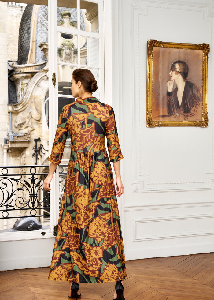 woman models floral maxi dress
