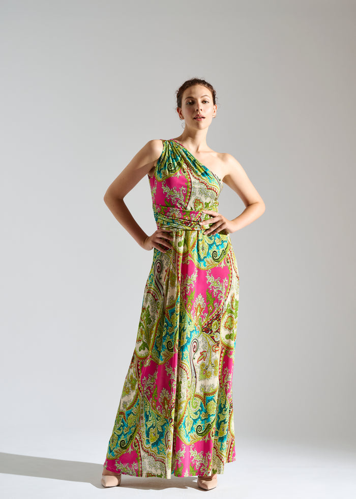 Full view of Ezazi red sleeveless maxi dress with Persian pattern.