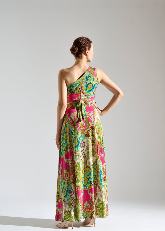 Back view of Ezazi red sleeveless maxi dress with Persian pattern.